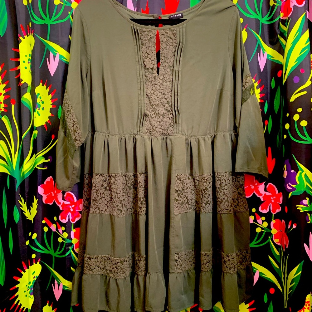 Torrid Olive green tiered lace skater dress